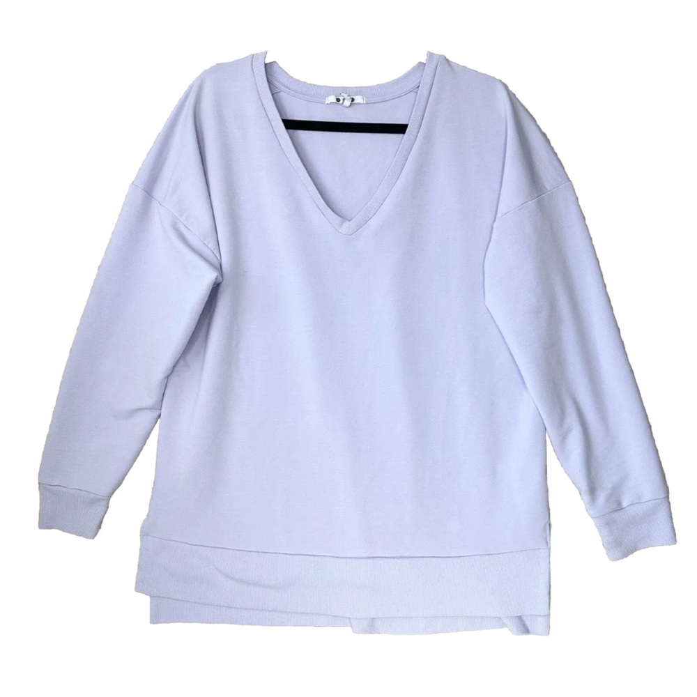 Three Dots Recycled Terry V-Neck Pullover Sweater Womens L Purple 3/4 Sleeve